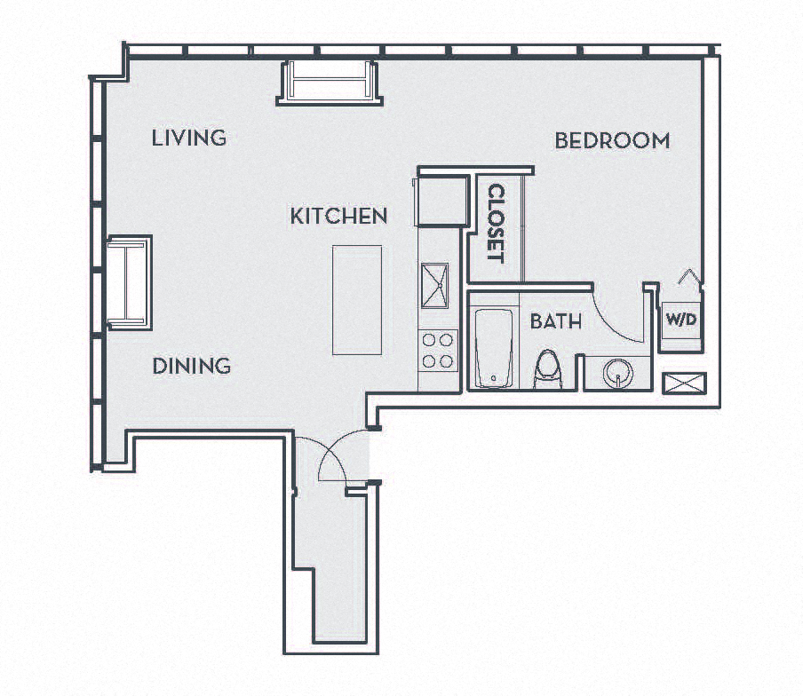 Floor plan for 1 bed, 1 bath, 858 sqft